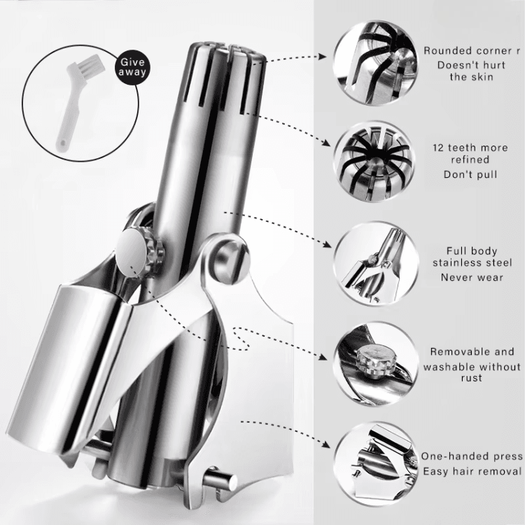 Premium Stainless Steel Manual Nose Hair Trimmer – Painless, Battery-Free, Washable & Portable Ear & Nose Grooming Clipper Tool for Men & Women