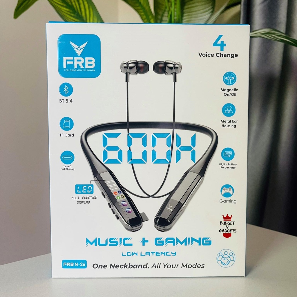 FRB N-26 Wireless Bluetooth 5.4 Neckband Earphone - 600 Hours Standby | Low Latency Gaming Mode, Digital Battery Display, 4 Voice Changer, Magnetic On/Off & Type-C Fast Charging Metal Earbuds