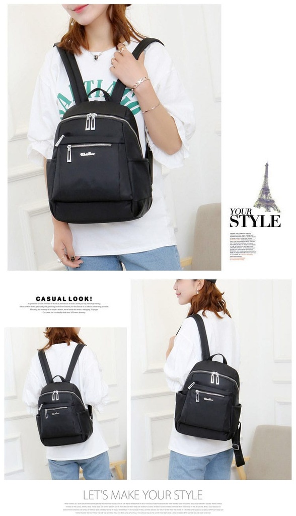Nylon Backpack Durable Waterproof Casual Shoulder Bag (Black)
