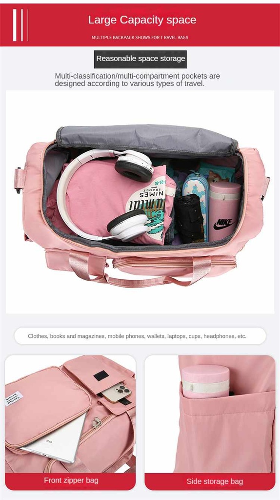 Fashionable Large Capacity Travel & Gym Bag - Pink