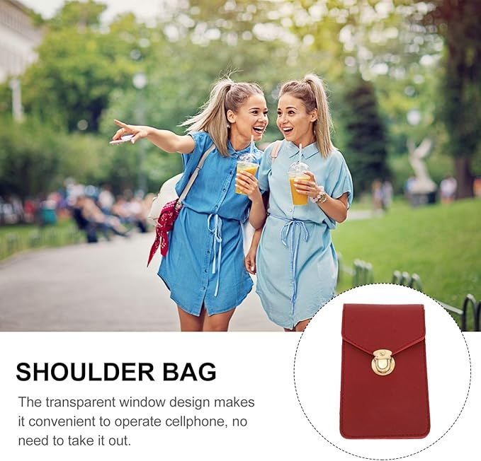 Women's PU Leather Phone Holder With Neck Strap Wallets Touch Screen Bags(Red)