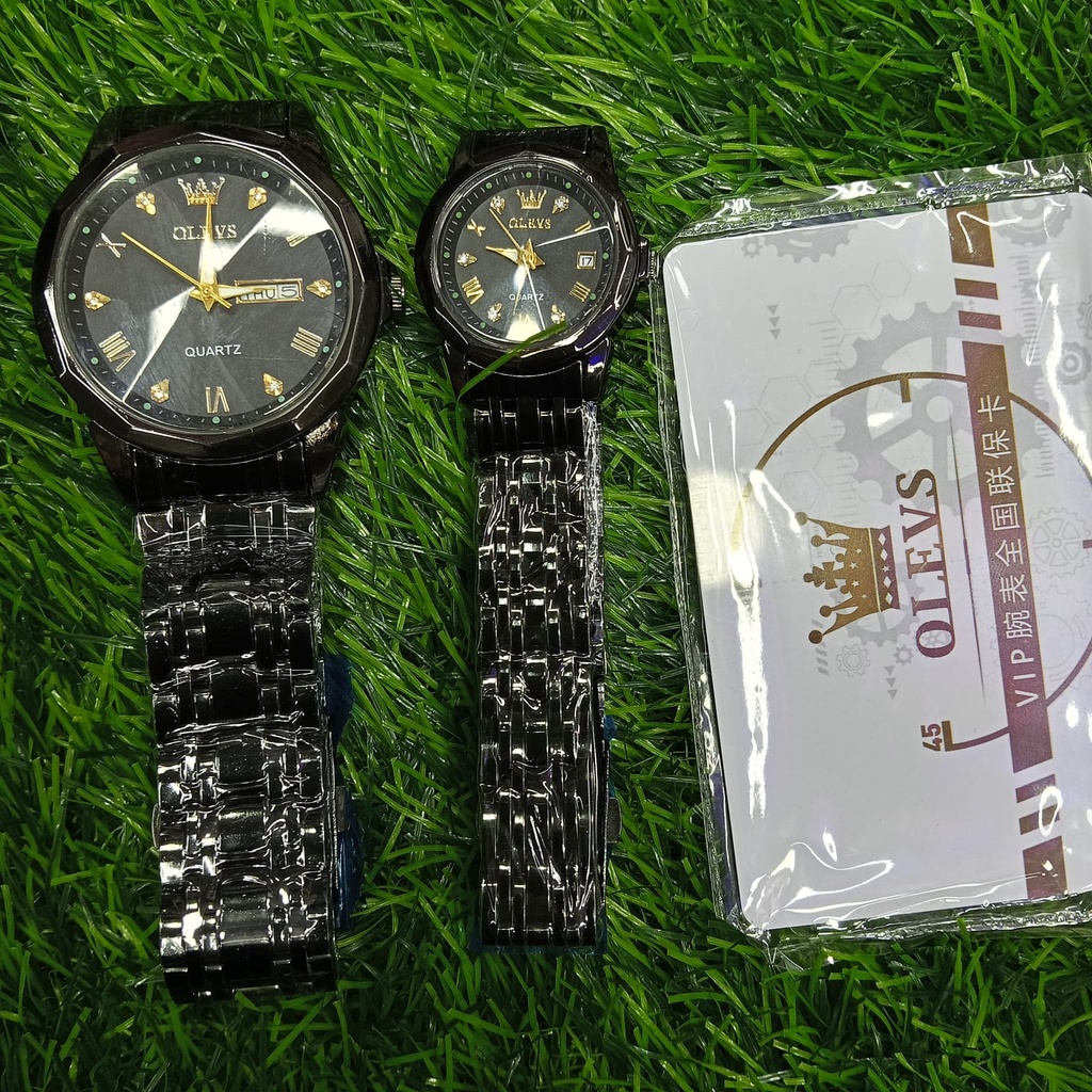 Butter  Fly Lock Olievs  Stainless Steel fashionable  Couple watches +1pcs chain cutter+ 2 pcs battery Full Black