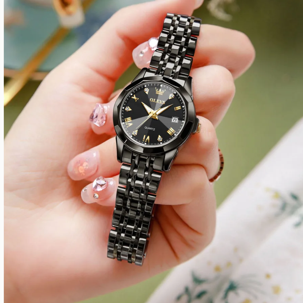 Butter  Fly Lock Olievs  Stainless Steel fashionable  Couple watches +1pcs chain cutter+ 2 pcs battery Full Black