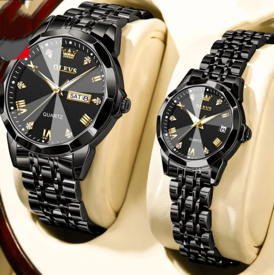 Butter  Fly Lock Olievs  Stainless Steel fashionable  Couple watches +1pcs chain cutter+ 2 pcs battery Full Black