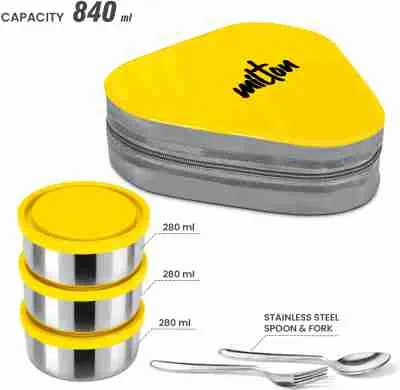 MILTON Triyum Stainless Steel Tiffin, 3 Container, 280 ml Each, with Jacket, Spoon & Fork, Orange | Lunch Box | Food Grade | Odour Proof | Light Weight | Hygienic