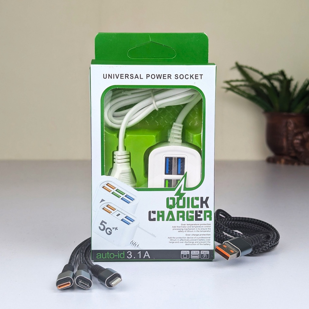 6-in-1 Charging Solution: 6U Multi-Port Charger with 3-in-1 Fast Cable