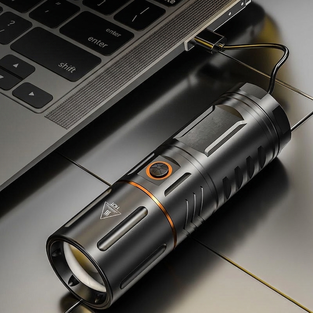 Rechargeable LED Flashlight with Telescopic Zoom & Power Bank Function