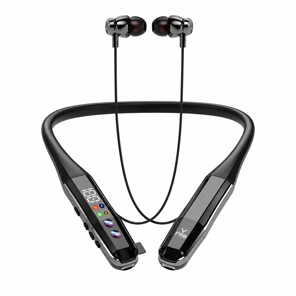FRB N-26 Wireless Bluetooth 5.4 Neckband Earphone - 600 Hours Standby | Low Latency Gaming Mode, Digital Battery Display, 4 Voice Changer, Magnetic On/Off & Type-C Fast Charging Metal Earbuds