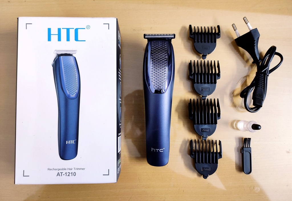 HTC AT-1210 Rechargeable Cordless Beard & Hair Trimmer For Men – 4 Clipper Attachments, 45 Min Runtime (Blue)