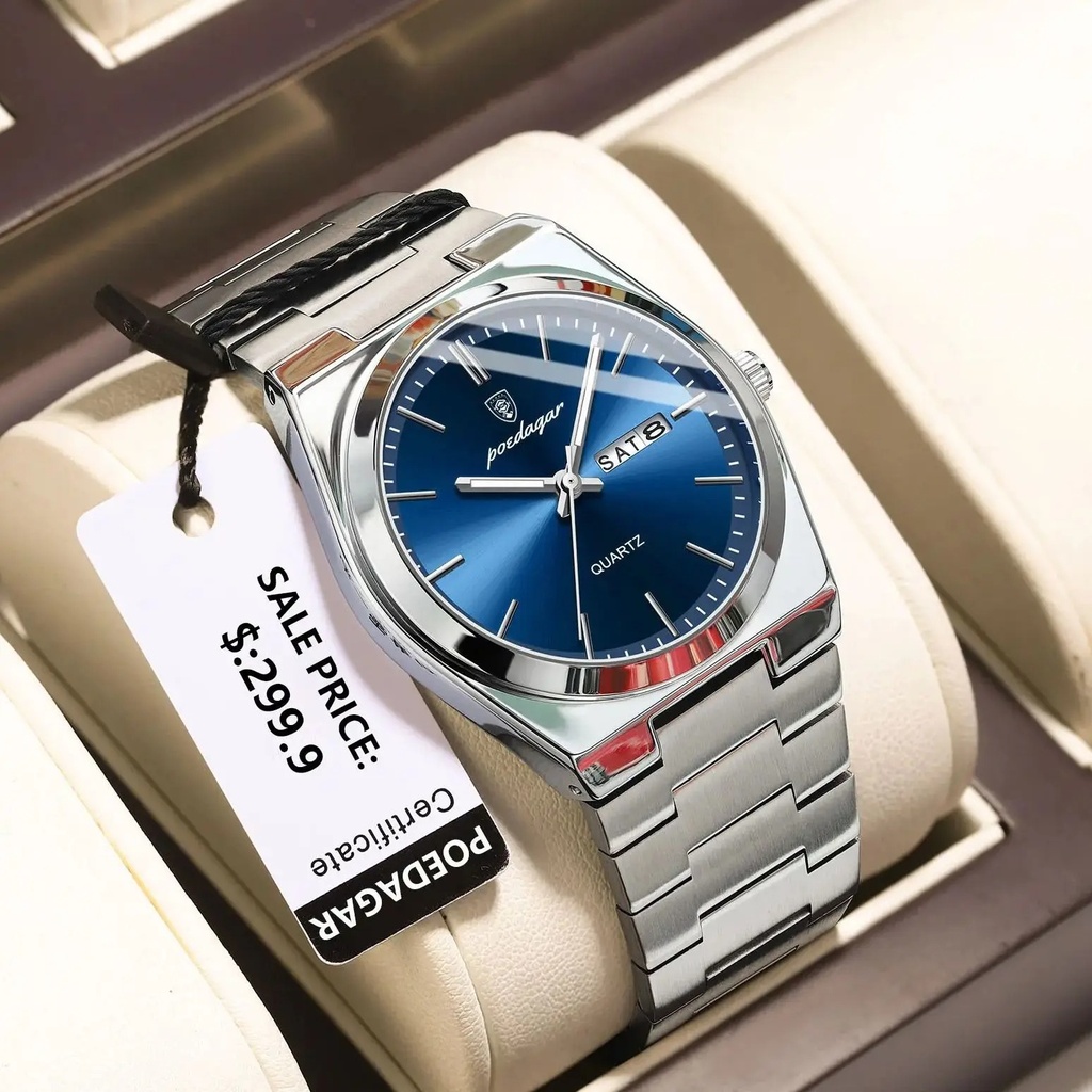 POEDAGAR 930 Men's New Luxury Luminous Date Week Stainless Steel Quartz Watch For Men (Butterfly Lock)
