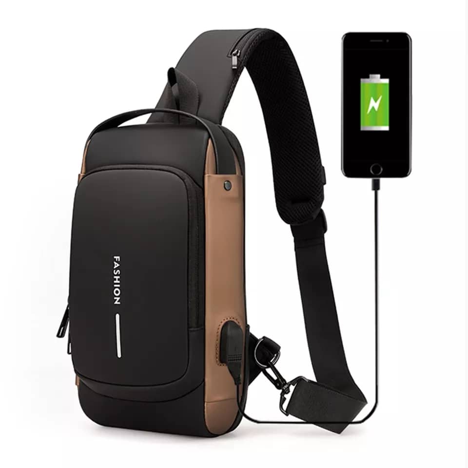 [7124] USB charging sport sling Anti-theft shoulder bag (brown shape )