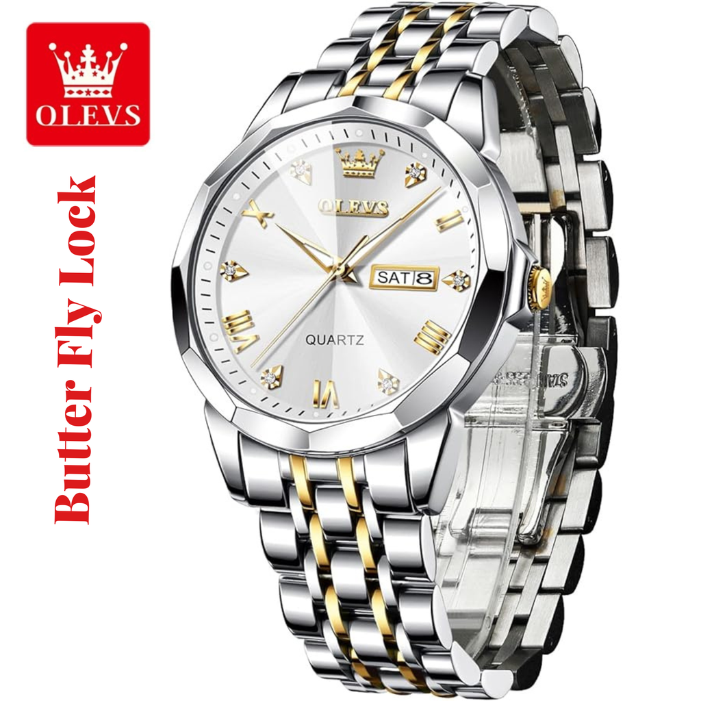 [7975] Butter Fly Lock OLEVS 9931G New Exclusive Design Quartz Watch for Men Silver