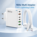 160W Super Fast Multi-Adapter: Ultimate GaN Charger with 6 Ports & Lightning Cable
