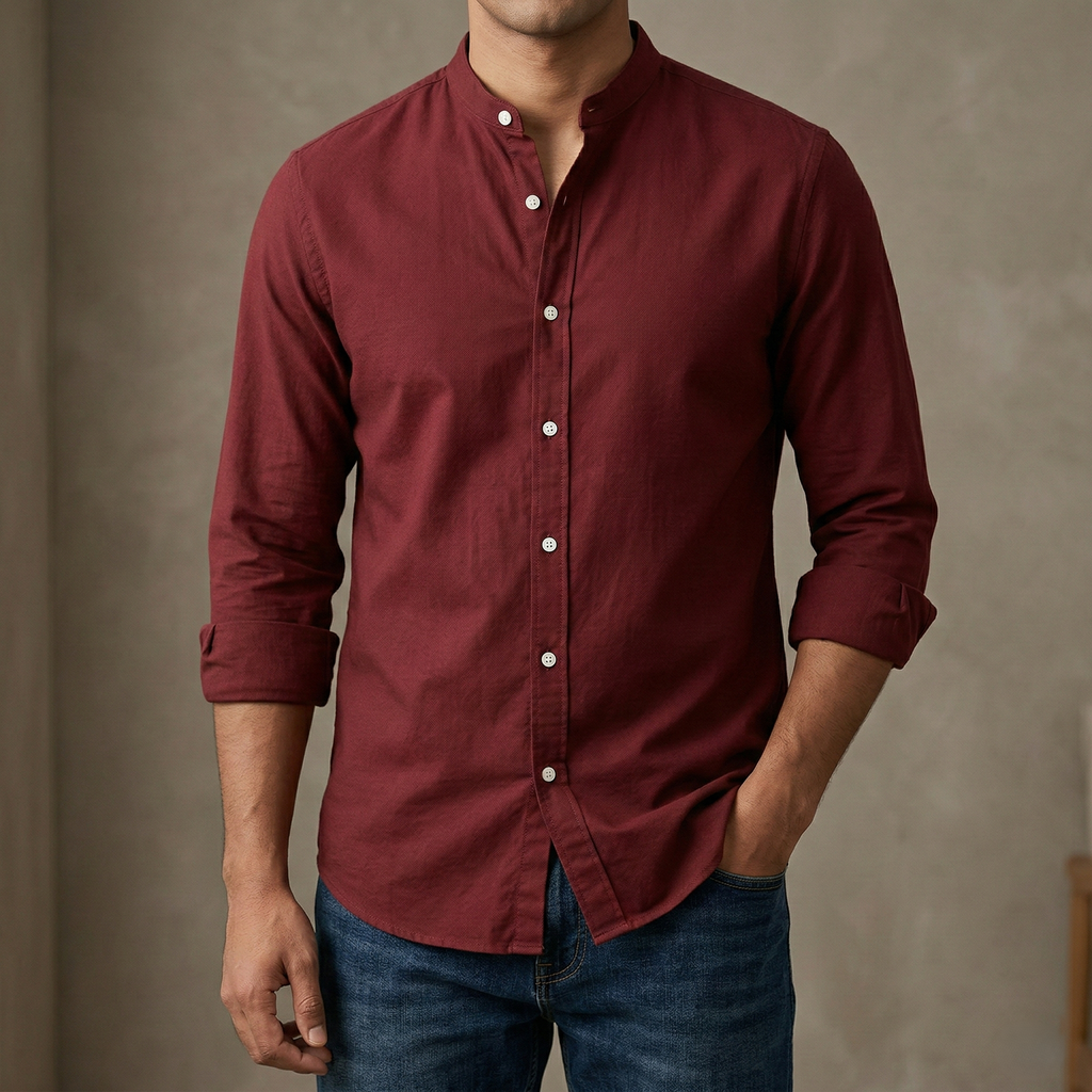 [3105] Men's Solid Colour Ban color Shirt  (Light Maroon)