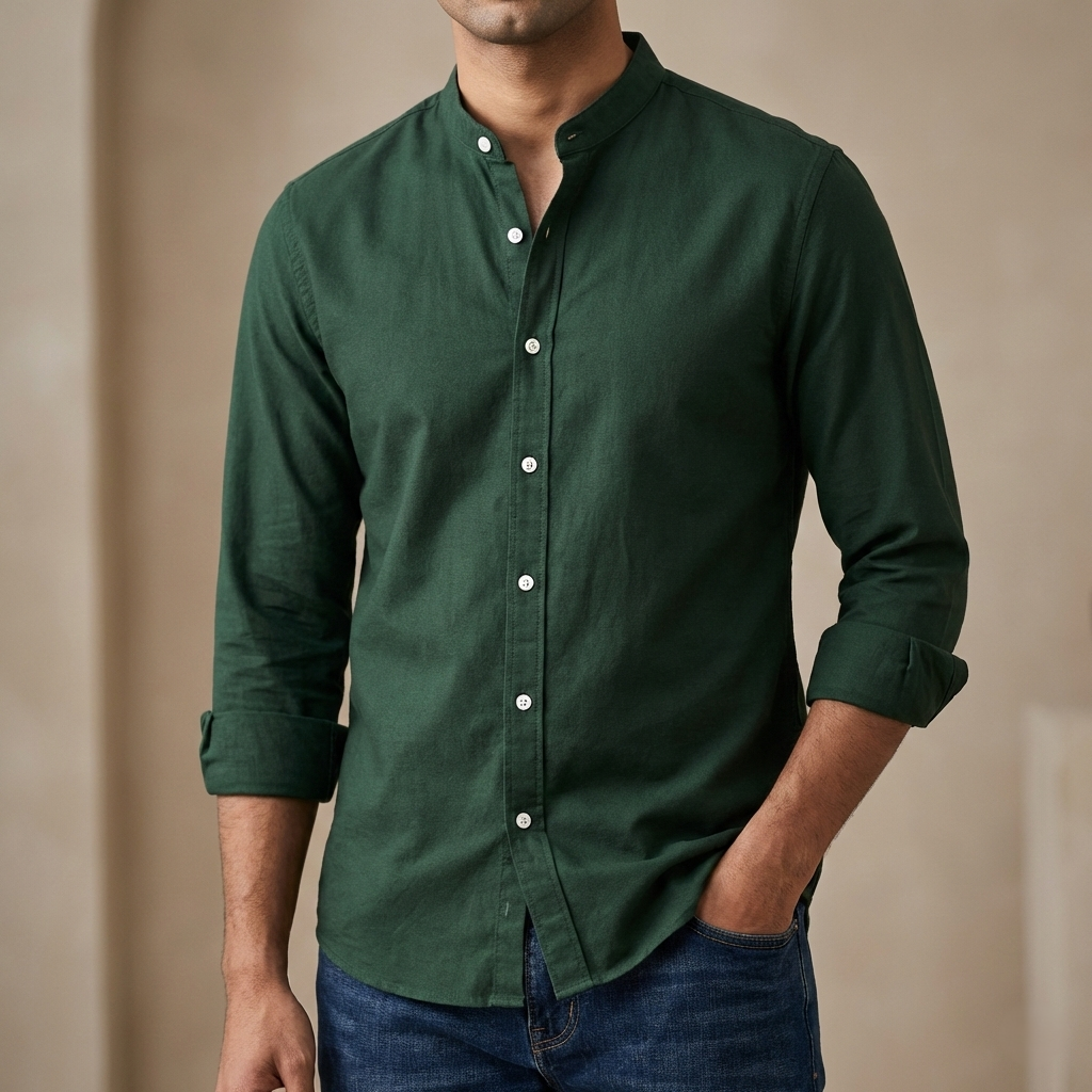 [3106] Men's Solid Colour Ban color Shirt  (green)