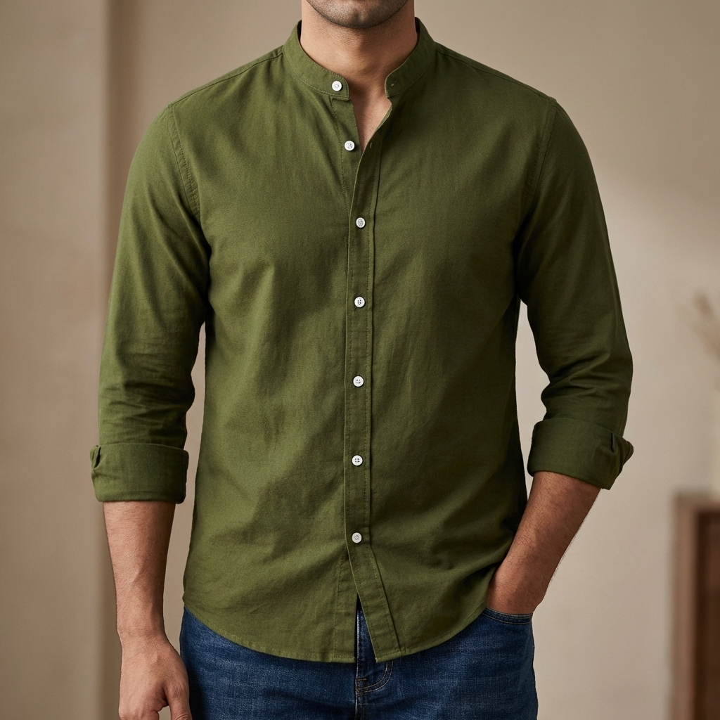 [3107] Men's Solid Colour Ban color Shirt  (olive)