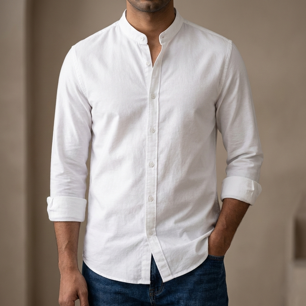 [3110] Men's Solid Colour Ban color Shirt  (white)