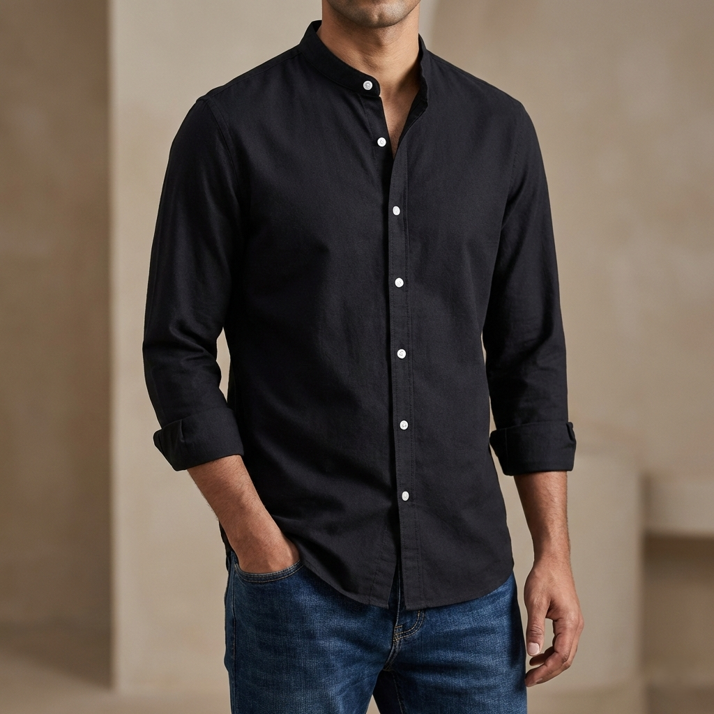 [3111] Men's Solid Colour Ban color Shirt  (Black)