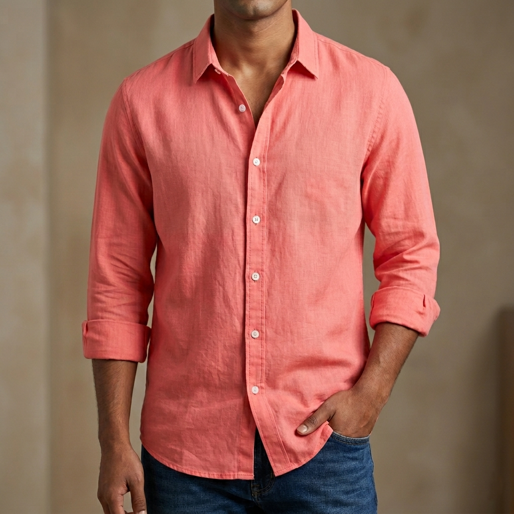 [3114] Men's Solid Colour Color Shirt (Deep pink)