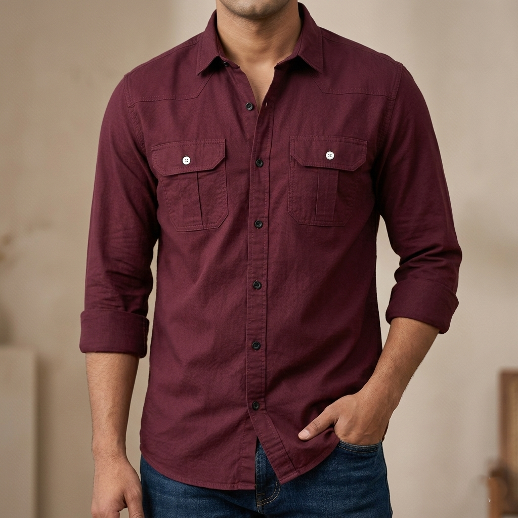 [3122] Double Pocket  shirt for men (maroon)
