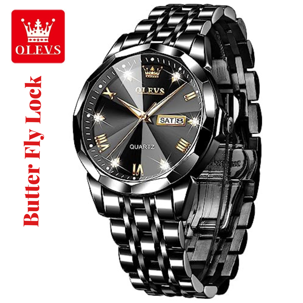 [4045] Butter Fly Lock OLEVS 9931G New Exclusive Design Quartz Watch for Men Full Black