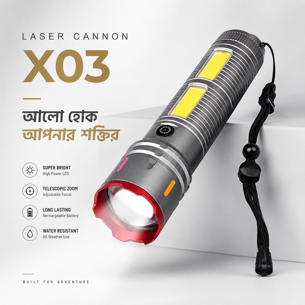 [3132] Premium Laser Cannon X03 Metal Tactical Flashlight -Long Lasting LED Torch with Built-in Power Bank